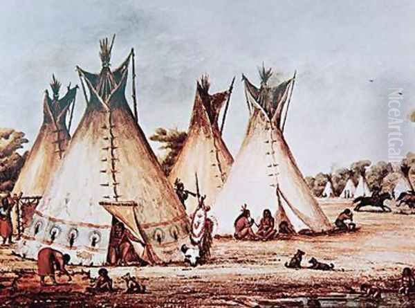 Village of the Kiowa Tribe Oil Painting by Baldwin Mollhausen