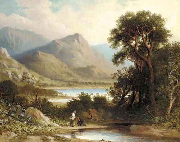 Anglers in a mountainous landscape Oil Painting by Joseph Wrightson McIntyre