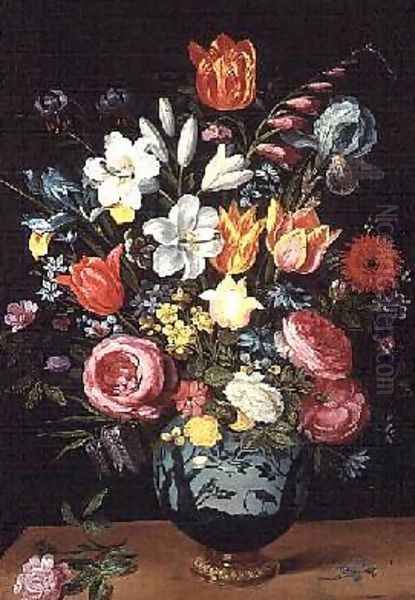 A Still Life of Flowers in a Porcelain Vase Resting on a Ledge Oil Painting by Phillipe de Marlier