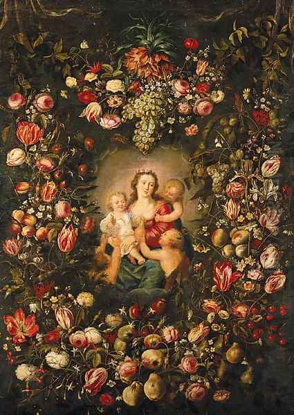 A garland of fruit and flowers surrounding a personification of Charity Oil Painting by Phillipe de Marlier