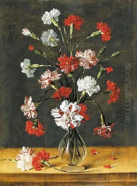 Carnations in a glass vase on a stone table Oil Painting by Phillipe de Marlier