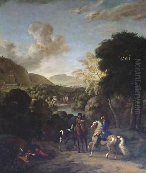 A hawking party in a wooded landscape with a villa by a lake beyond Oil Painting by Dirck Maas