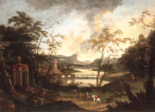 An extensive river landscape with a hunting party on a track Oil Painting by Dirck Maas