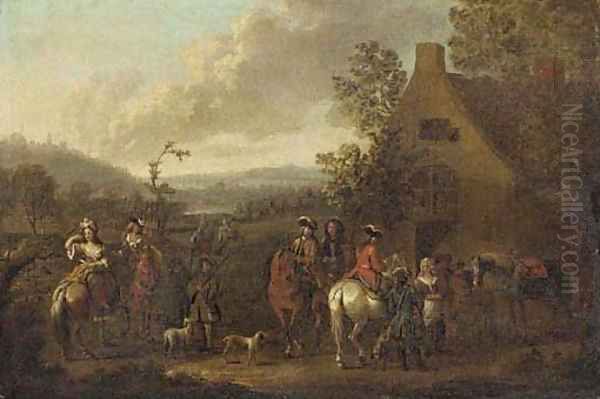 A landscape with an elegant hunting party before an inn Oil Painting by Dirck Maas