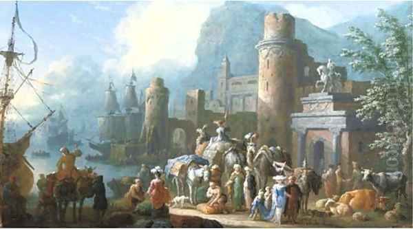 A capriccio view of a Levant harbour with travellers, camels and other animals on a quay Oil Painting by Jan Baptist van der Meiren