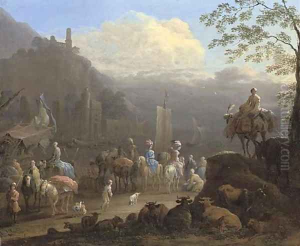 An elegant company of travellers by a harbour, with figures in the foreground, cattle and sheep beyond Oil Painting by Jan Baptist van der Meiren