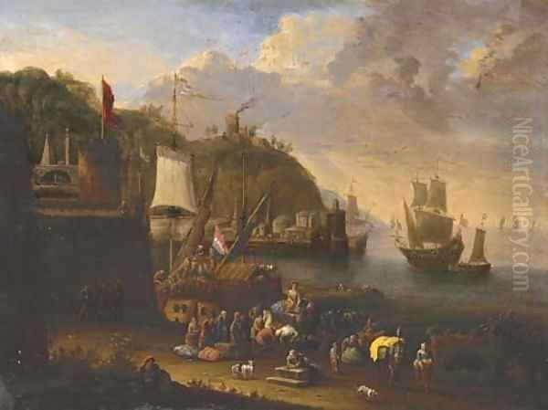 A port scene with figures unloading and shipping beyond Oil Painting by Jan Baptist van der Meiren