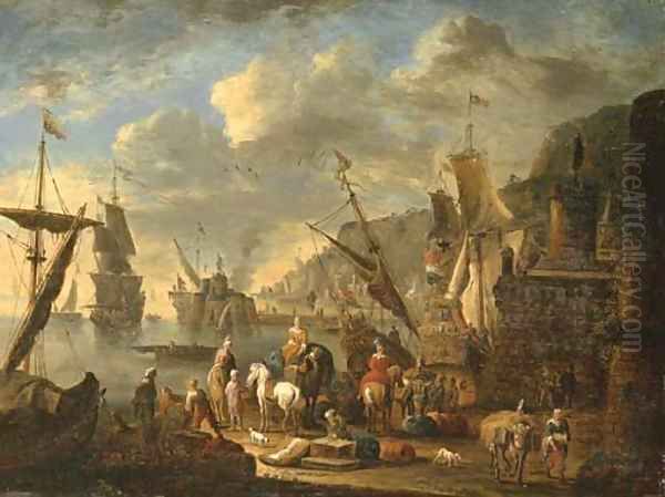 Oriental merchants in an imaginary Mediterranean port Oil Painting by Jan Baptist van der Meiren