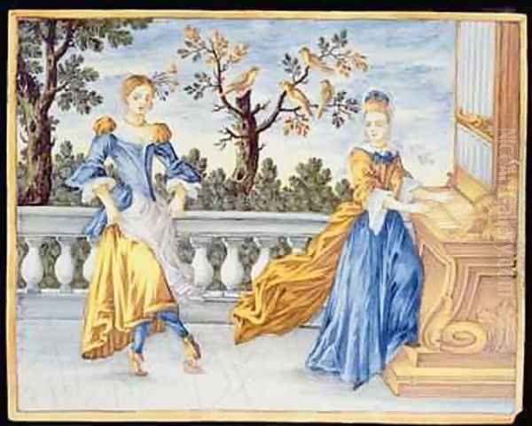 Two young women one playing the organ and one dancing 1630 Oil Painting by Pietro Paolo Mancini