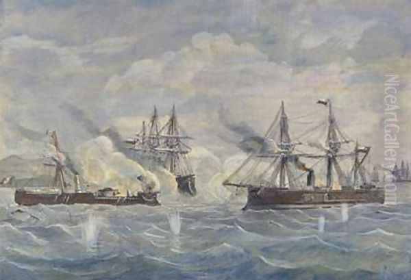 Naval Combat beween the Peruvian Ship Huascar against the Chilean Blanco Encalada and the Cochrane in 1879 Oil Painting by Rafael Monleon y Torres