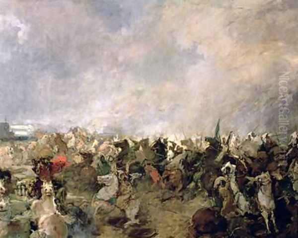 The Battle of Guadalete detail of the escape of the Goths from the command of King Roderic in the presence of the Muslim cavalry of Tarik Ibn Ziyad 711 Oil Painting by Salvador Martinez Cubells