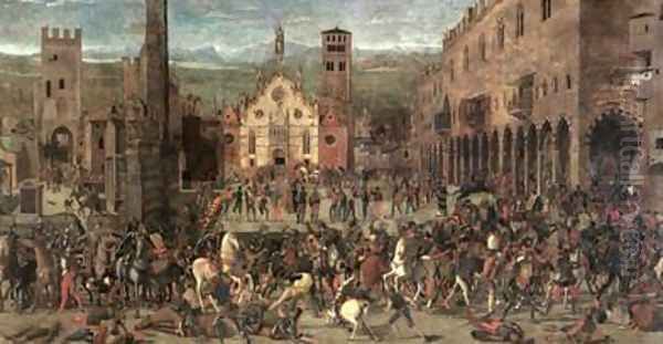 The Expulsion of the Bonacolsi in 1328 in Piazza Sordello Mantua 1494 Oil Painting by Domenico Morone