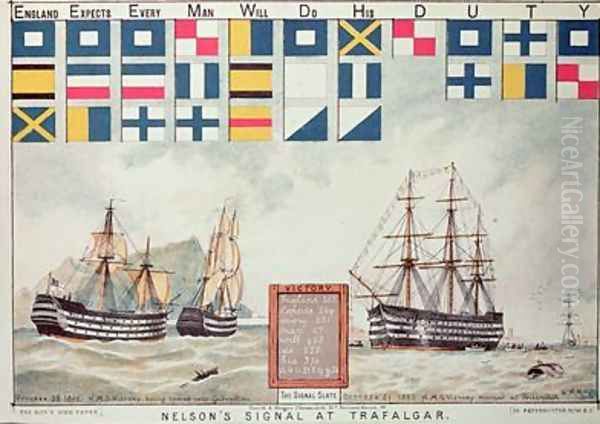 Nelsons signal at Trafalgar in 1805 from The Boys Own Paper to commemorate HMS Victory moored at Portsmouth 1885 Oil Painting by Walter William May