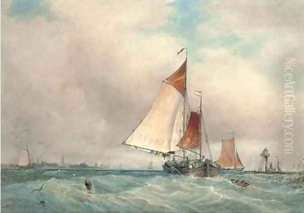 Barges running out of the Scheldt on a blustery day Oil Painting by Walter William May