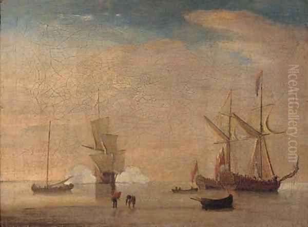 A flagship announcing her arrival at the anchorage Oil Painting by Thomas Mellish