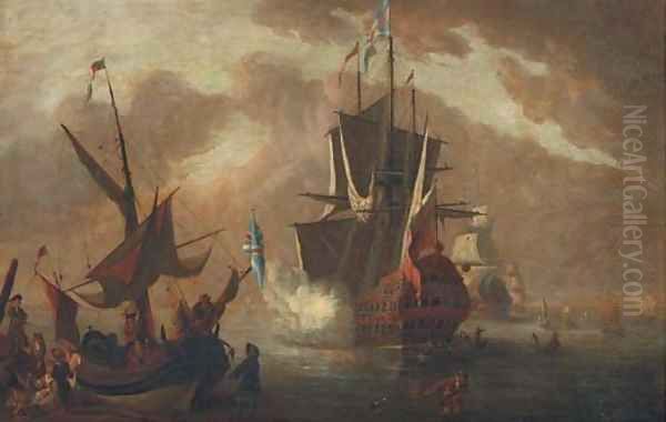 A two-decker announcing her departure from her anchorage on the Medway Oil Painting by Thomas Mellish