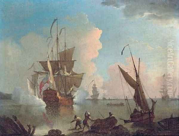 A warship announcing its departure from the anchorage Oil Painting by Thomas Mellish