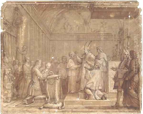 The marriage of Prince James Stuart, the Old Pretender, and Princess Maria Clementina Sobieska Oil Painting by Agostino Masucci