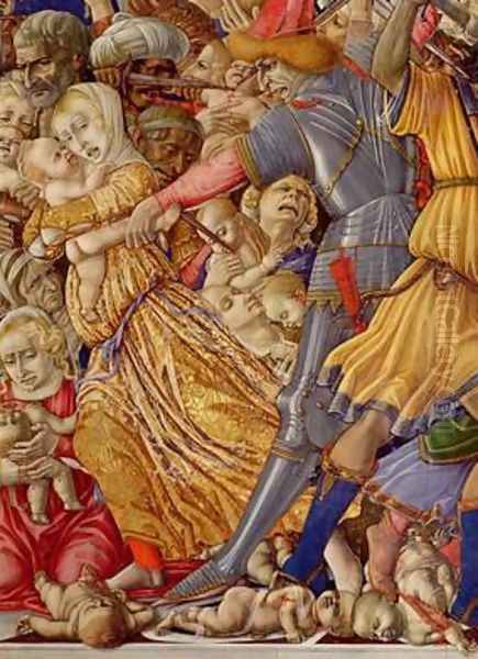 The Massacre of the Innocents detail of a soldier preparing to stab a child and surrounding carnage 1482 Oil Painting by di Giovanni di Bartolo Matteo