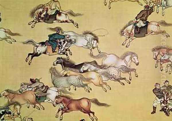 Voyage of Emperor Qianlong 1736-96 detail from a scroll Qing Dynasty Oil Painting by Mou-Lan