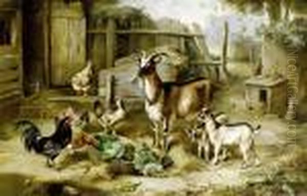 Goats And Chickens In A Farmyard Oil Painting by Edgar Hunt