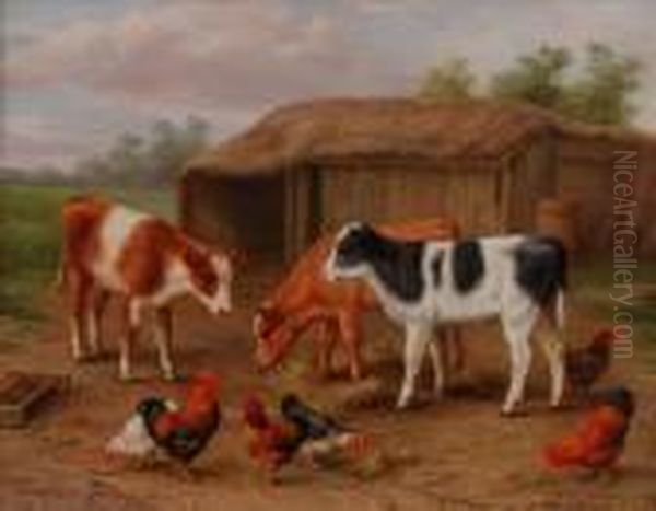 Cockerells, Hens Andcalves Outside A Hutch Oil Painting by Edgar Hunt