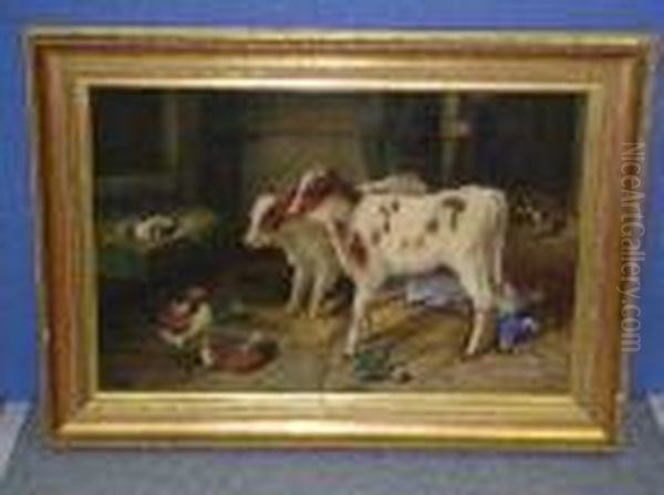 Calves And Chickens In A Barn Oil Painting by Edgar Hunt