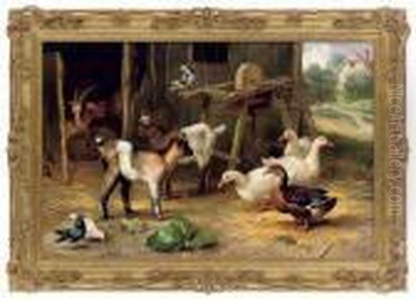 Goats, Ducks And Pigeons Near A Barn Door Oil Painting by Edgar Hunt