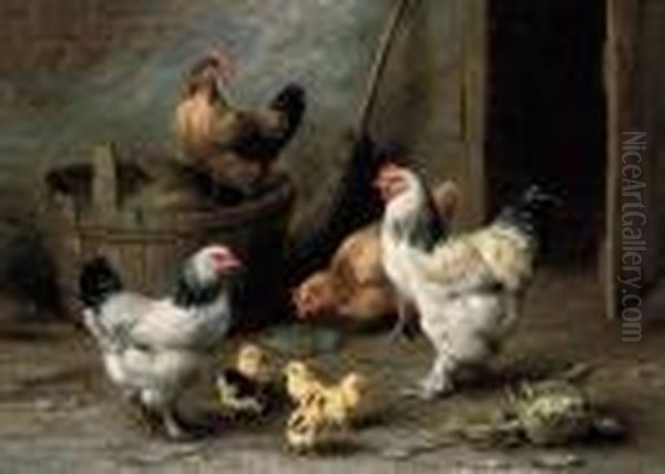 Cockrell, Hens And Chicks By A Barn Door Oil Painting by Edgar Hunt