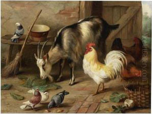 A Goat, Chicken And Doves In A Stable Oil Painting by Edgar Hunt