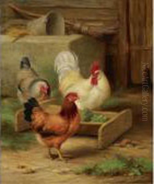 Poultry Feeding In A Barn Oil Painting by Edgar Hunt