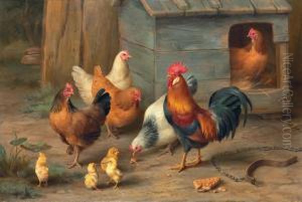 A Cockerel With Chickens And Chicks Before A Coup Oil Painting by Edgar Hunt