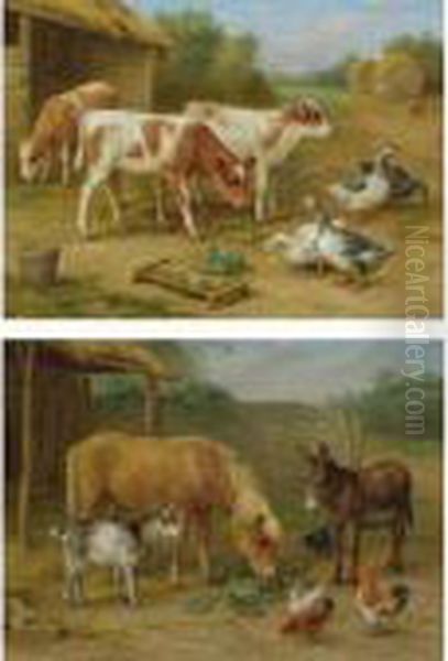 Calves And Geese, And A Pony, Donkey, Goat And Chickens Oil Painting by Edgar Hunt