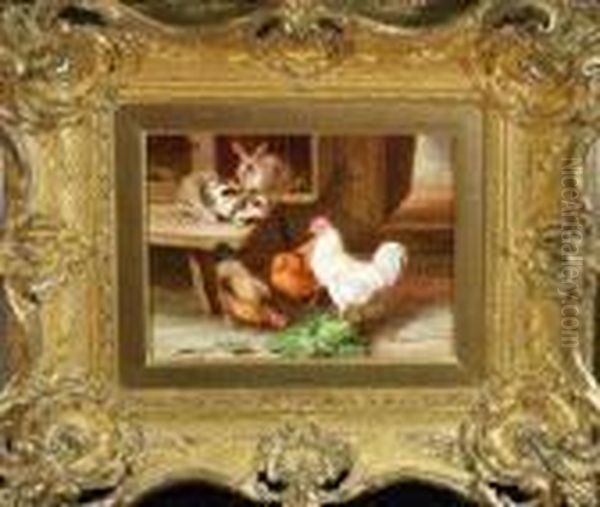 Three Hens By A Rabbit Hutch Oil Painting by Edgar Hunt