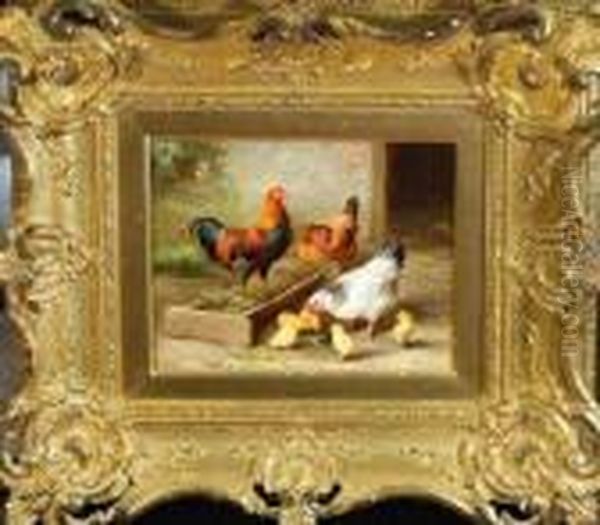 A Cockerel, Two Hens And Five Chicks In A Farmyard Oil Painting by Edgar Hunt