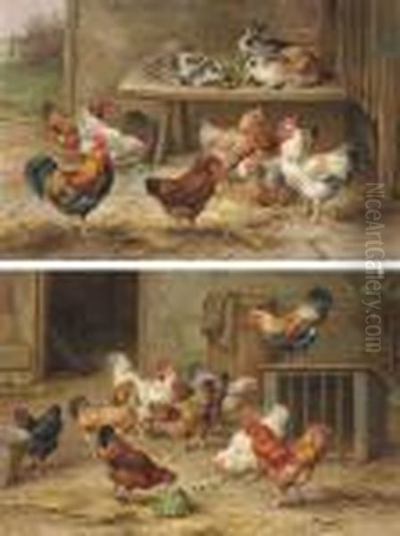 Chickens And Rabbits; And Cock Of The Roost Oil Painting by Edgar Hunt