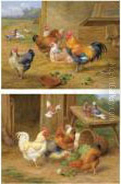 Cockerel And Hen; Chickens And Pigeons by Edgar Hunt