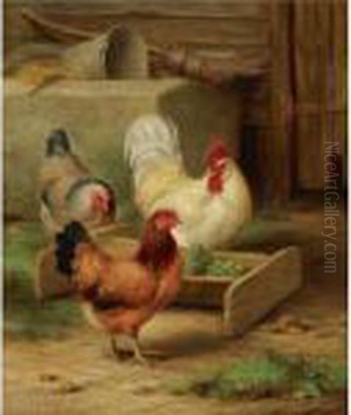 Poultry Feeding In A Barn Oil Painting by Edgar Hunt