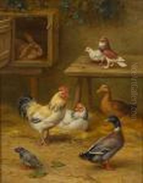 Chickens, Ducks, Pigeons And A Rabbit In Ayard Oil Painting by Edgar Hunt