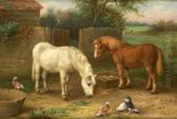 A Grey And A Chestnut Pony With Pigeons By A Gate Oil Painting by Edgar Hunt