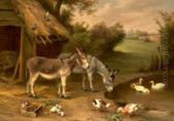 Two Donkeys With Ducks And Pigeons By A Pond Oil Painting by Edgar Hunt