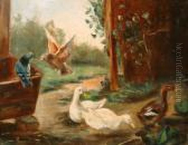 Ducks In A Farm Yard Oil Painting by Edgar Hunt