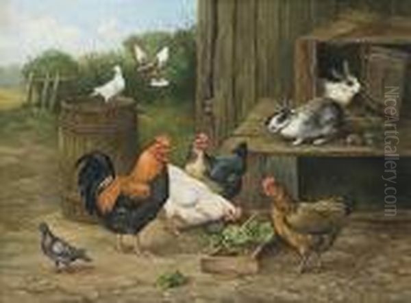 Rooster, Hens, Rabbits And Oil Painting by Edgar Hunt