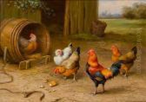 Chickens In A Farmyard Oil Painting by Edgar Hunt