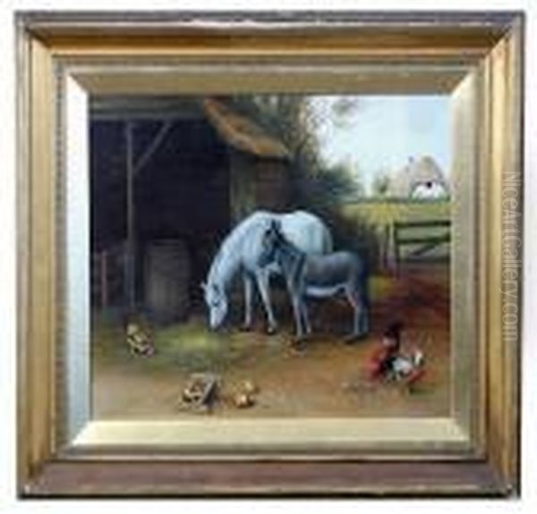 Donkey, Pony, Chickens By A Oil Painting by Edgar Hunt