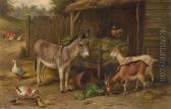 Farmyard Scene With Donkey, Goats, Chickens And Ducks Oil Painting by Edgar Hunt