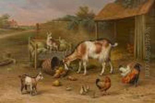 Goats, Chickens And Chicks In A Farmyard Oil Painting by Edgar Hunt