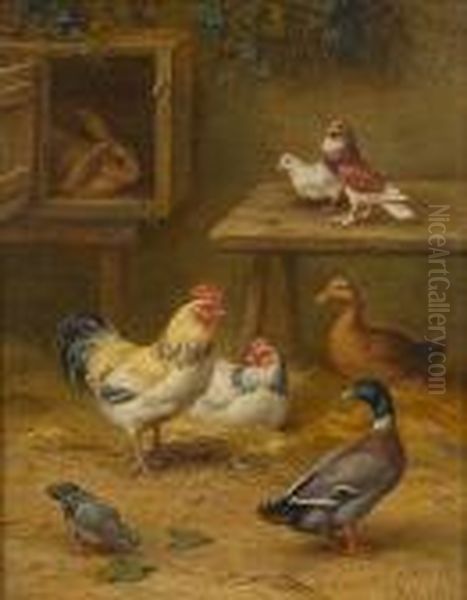 Chickens, Ducks, Pigeons And A Rabbit In A Farmyard Oil Painting by Edgar Hunt