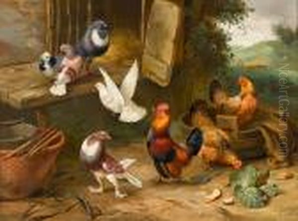 Chickens, A Dove And Pigeons In A Farmyard Oil Painting by Edgar Hunt