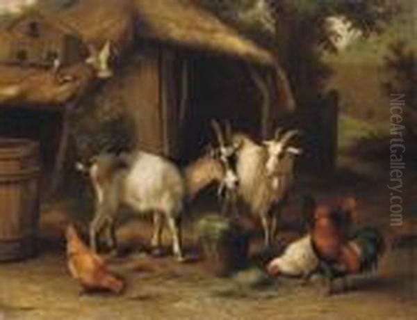 Goats, Chickens And Doves In A Farmyard Oil Painting by Edgar Hunt